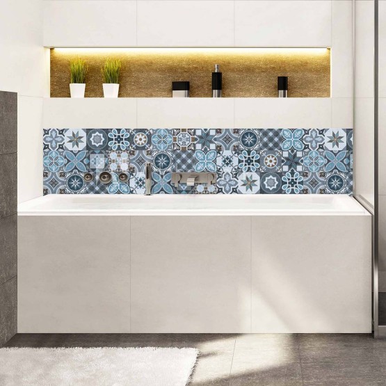 Crédence de baignoire motifs géométriques bleus et gris