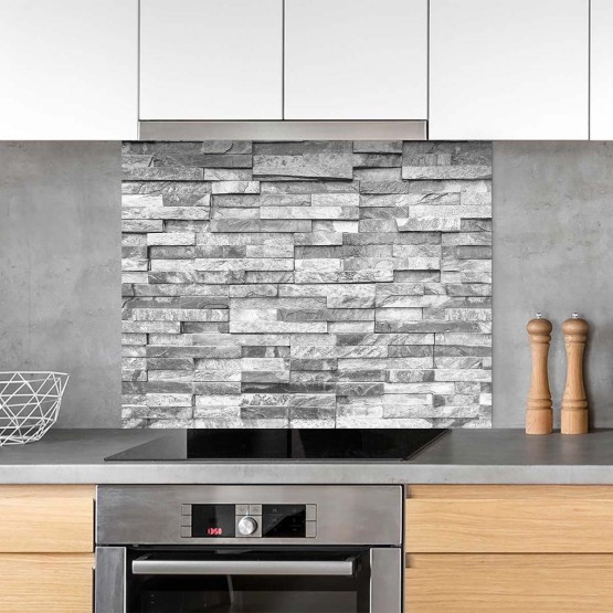 Fond de hotte briques style ardoise grise et blanche
