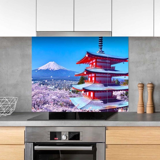 Fond de hotte style japonais, cerisiers et Mont Fuji