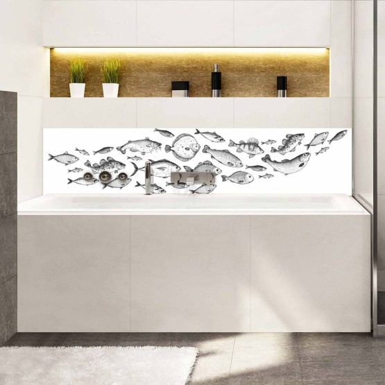 Crédence de baignoire banc de poissons noir et blanc