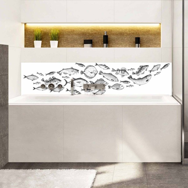 Crédence de baignoire banc de poissons noir et blanc