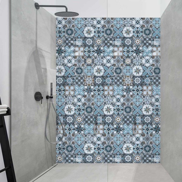 Panneau Douche carreaux de ciment tons bleus