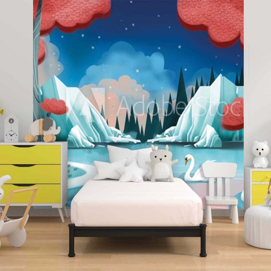 Papier peint enfant nuit féérique lac et cygne