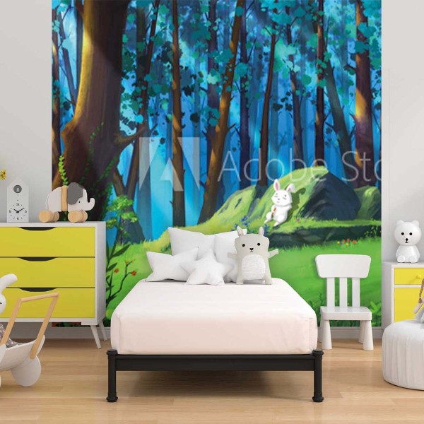 Papier peint enfant lapin blanc et forêt
