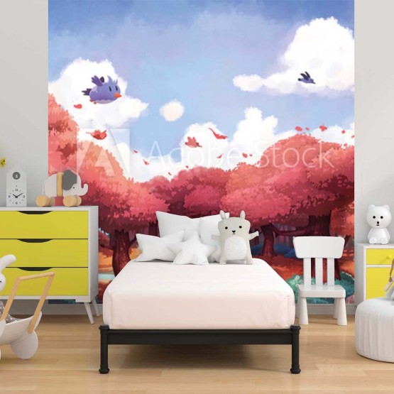 Papier peint enfant forêt et oiseaux
