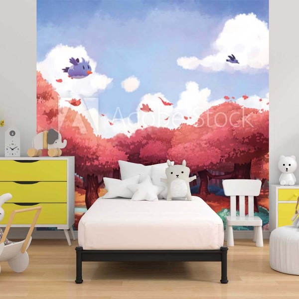 Papier peint enfant forêt et oiseaux