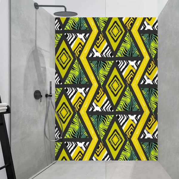 Panneau Douche motifs wax vert et jaune