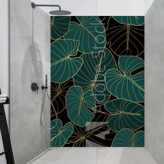 Panneau Douche art déco feuilles vertes et dorées