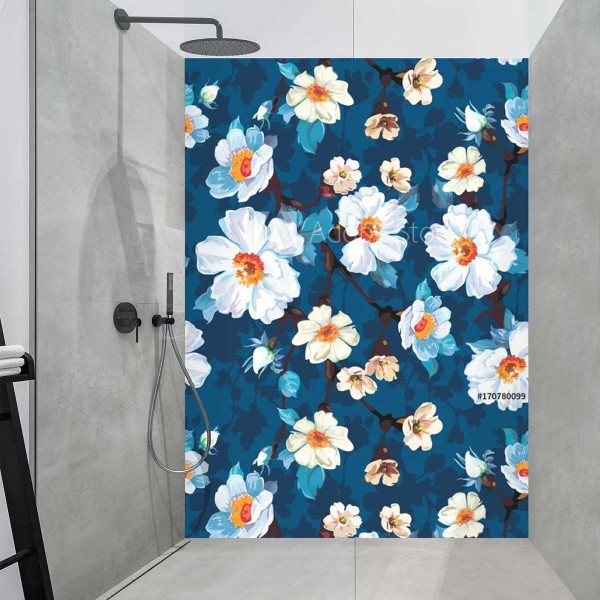 Panneau Douche fleurs de cerisier fond bleu