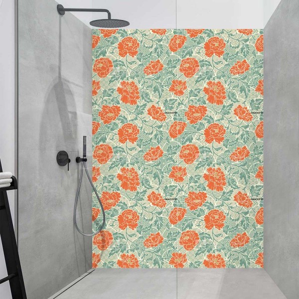 Panneau Douche pivoines rouges feuilles vertes