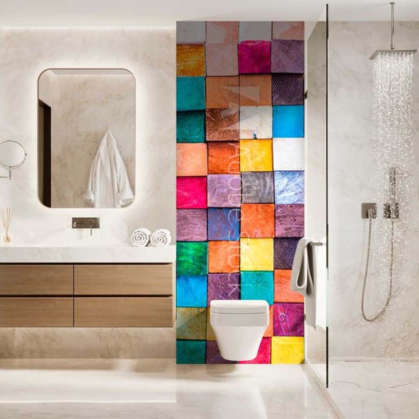 Panneau WC impression cubes de bois multicolores