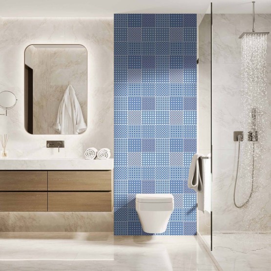 Panneau WC mosaïque ronds bleus