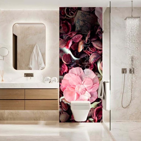 Panneau WC fleurs séchées tons roses