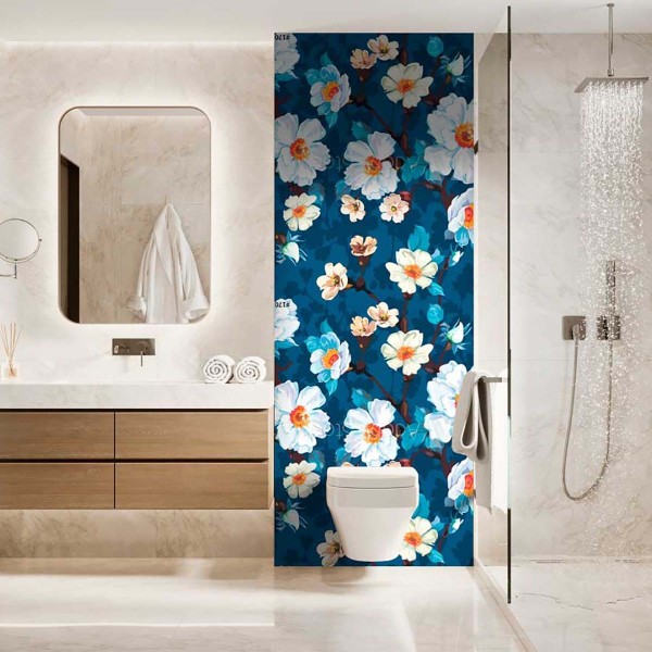 Panneau WC fleurs de cerisiers sur fond bleu