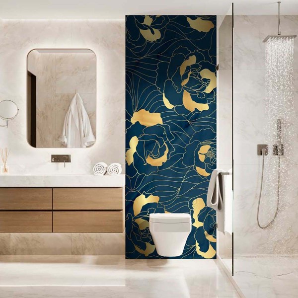 Panneau WC pivoines dorées sur fond bleu