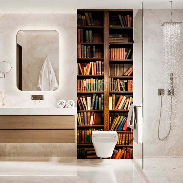 Panneau WC trompe l'oeil bibliothèque