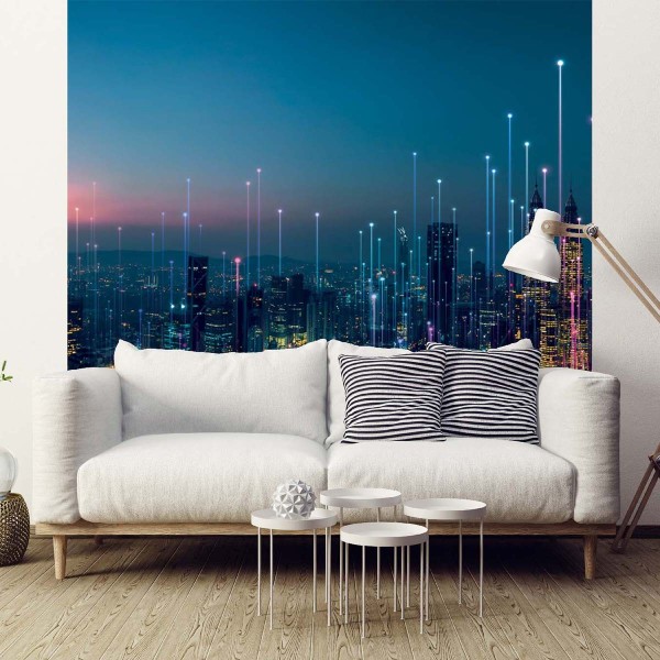 Papier peint ville futuriste multicolore
