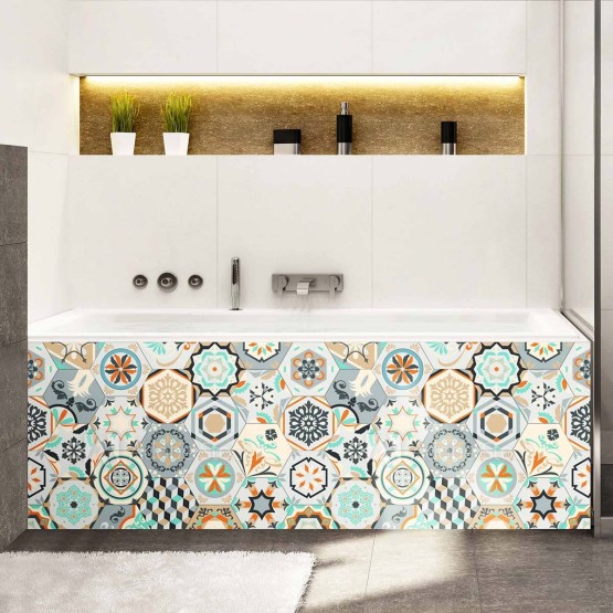 Tablier de baignoire chic motifs tomettes bleues et orange