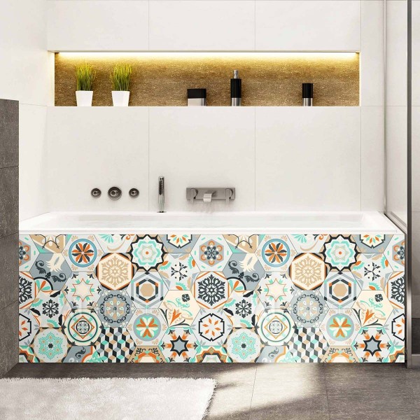 Tablier de baignoire chic motifs tomettes bleues et orange