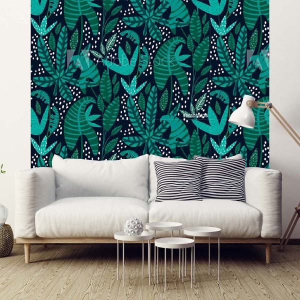 Papier peint dessin motifs feuilles tropicales