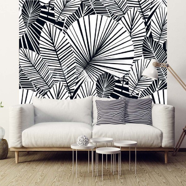 Papier peint feuilles design tropical noir et blanc