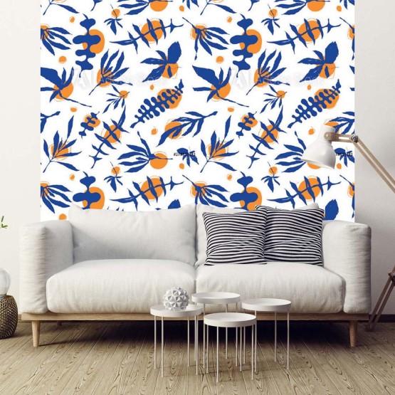Papier peint mix de feuilles bleues et oranges