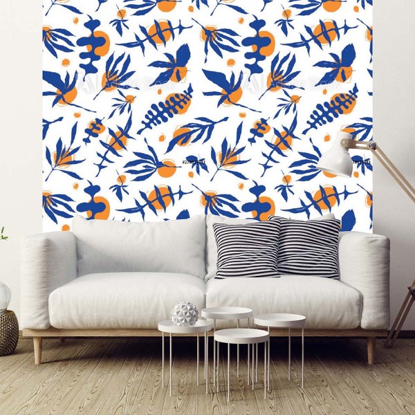 Papier peint mix de feuilles bleues et oranges