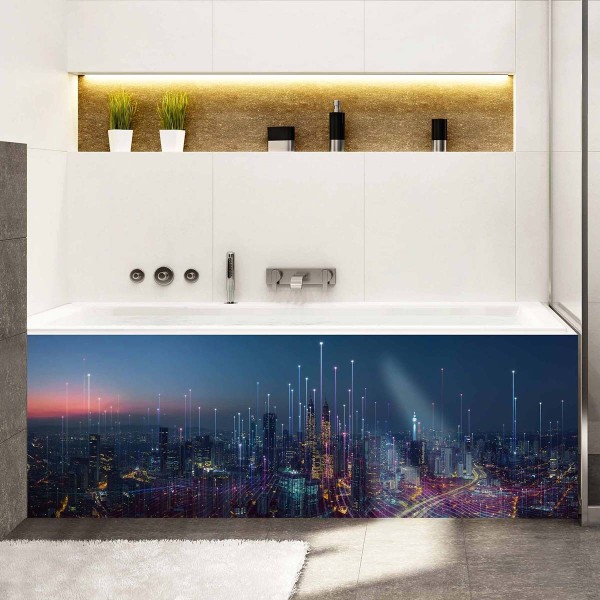 Tablier de baignoire multicolore ville futuriste dans la nuit