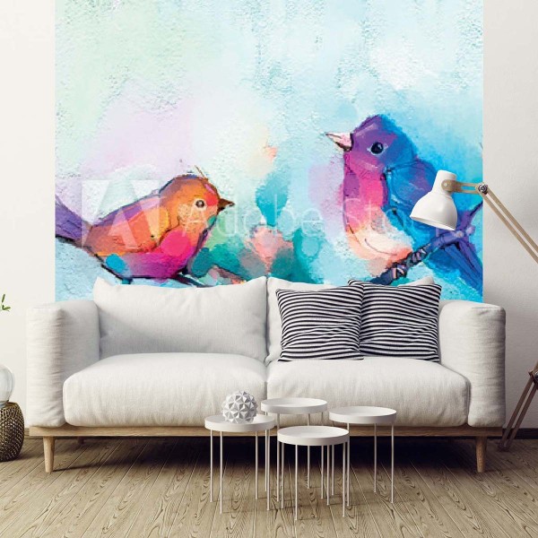 Papier peint style aquarelle d'oiseaux multicolore