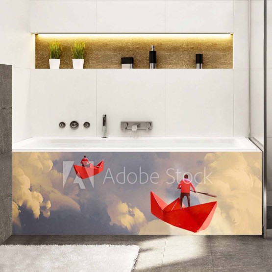 Tablier de baignoire dessin ciel et bateaux rouges