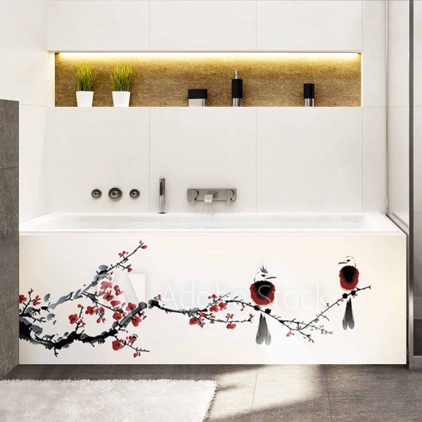 Tablier de baignoire oiseaux sur branche de cerisier